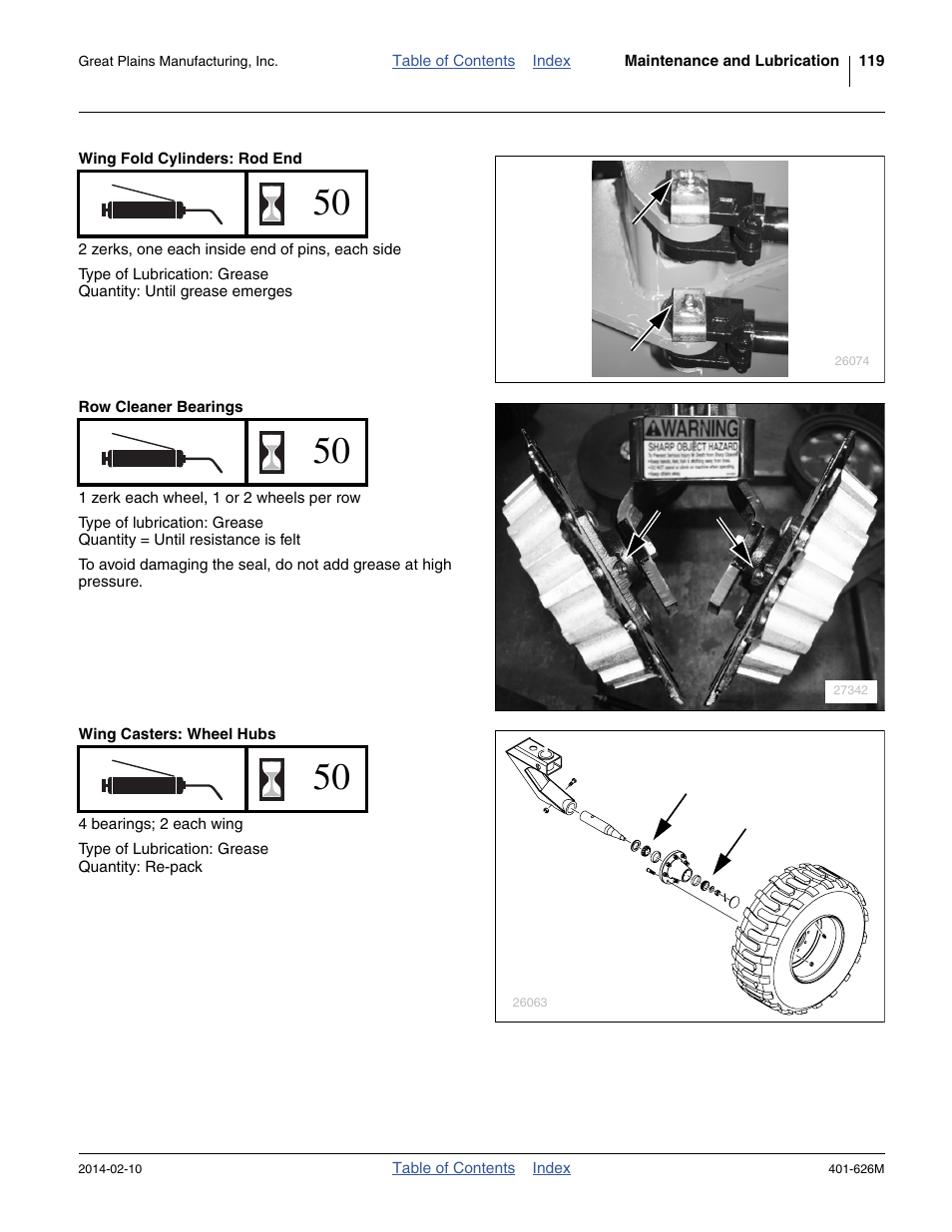 Wing fold cylinders: rod end, Row cleaner bearings, Wing casters: wheel hubs | Great Plains YP2425A Operator Manual User Manual | Page 123 / 172