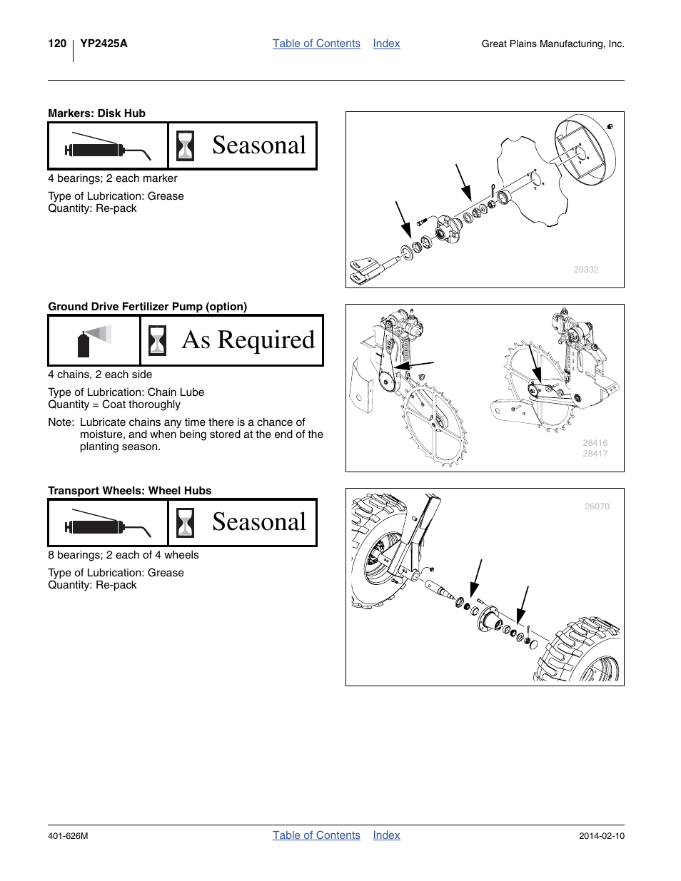 Markers: disk hub, Ground drive fertilizer pump (option), Transport wheels: wheel hubs | Seasonal, As required | Great Plains YP2425A Operator Manual User Manual | Page 124 / 172