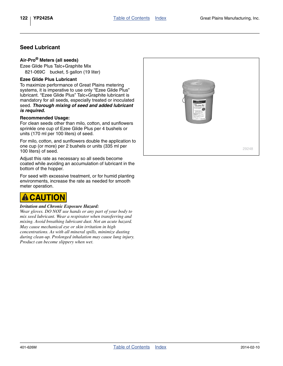 Seed lubricant, Air-pro® meters (all seeds), Ezee glide plus talc+graphite mix | Ezee glide plus lubricant | Great Plains YP2425A Operator Manual User Manual | Page 126 / 172