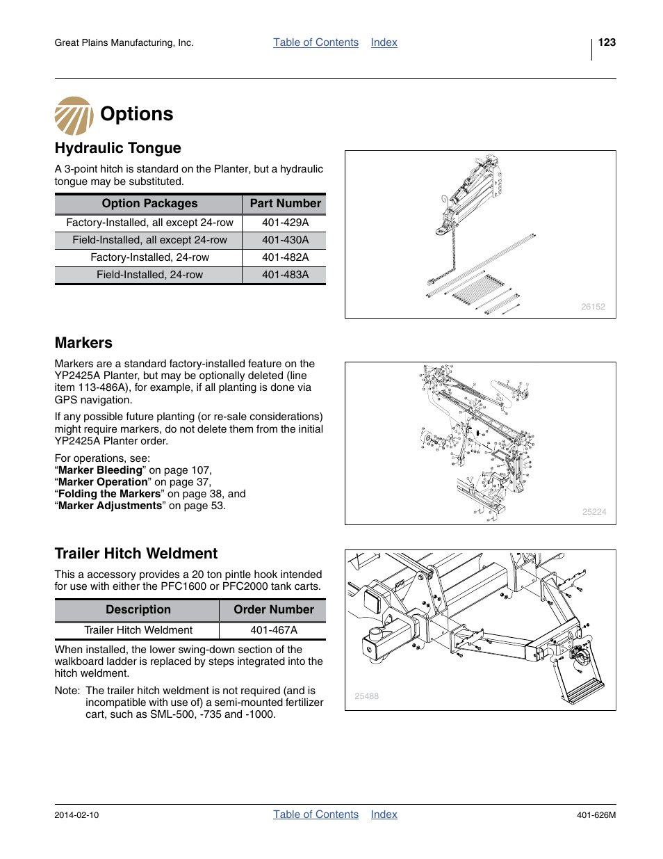 Options, Hydraulic tongue, Markers | Trailer hitch weldment | Great Plains YP2425A Operator Manual User Manual | Page 127 / 172