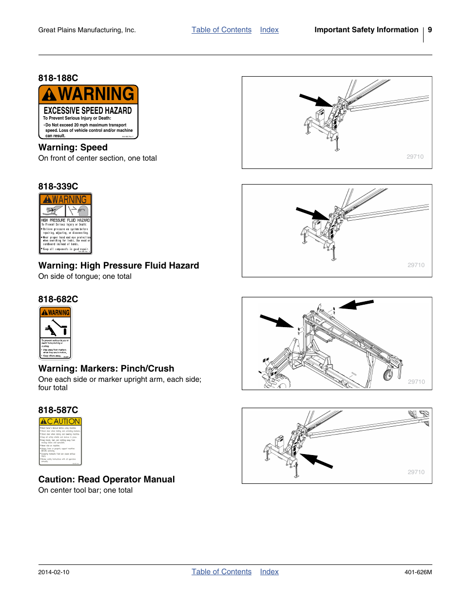 188c warning: speed, 339c warning: high pressure fluid hazard, 682c warning: markers: pinch/crush | 587c caution: read operator manual, Warning, Excessive speed hazard | Great Plains YP2425A Operator Manual User Manual | Page 13 / 172