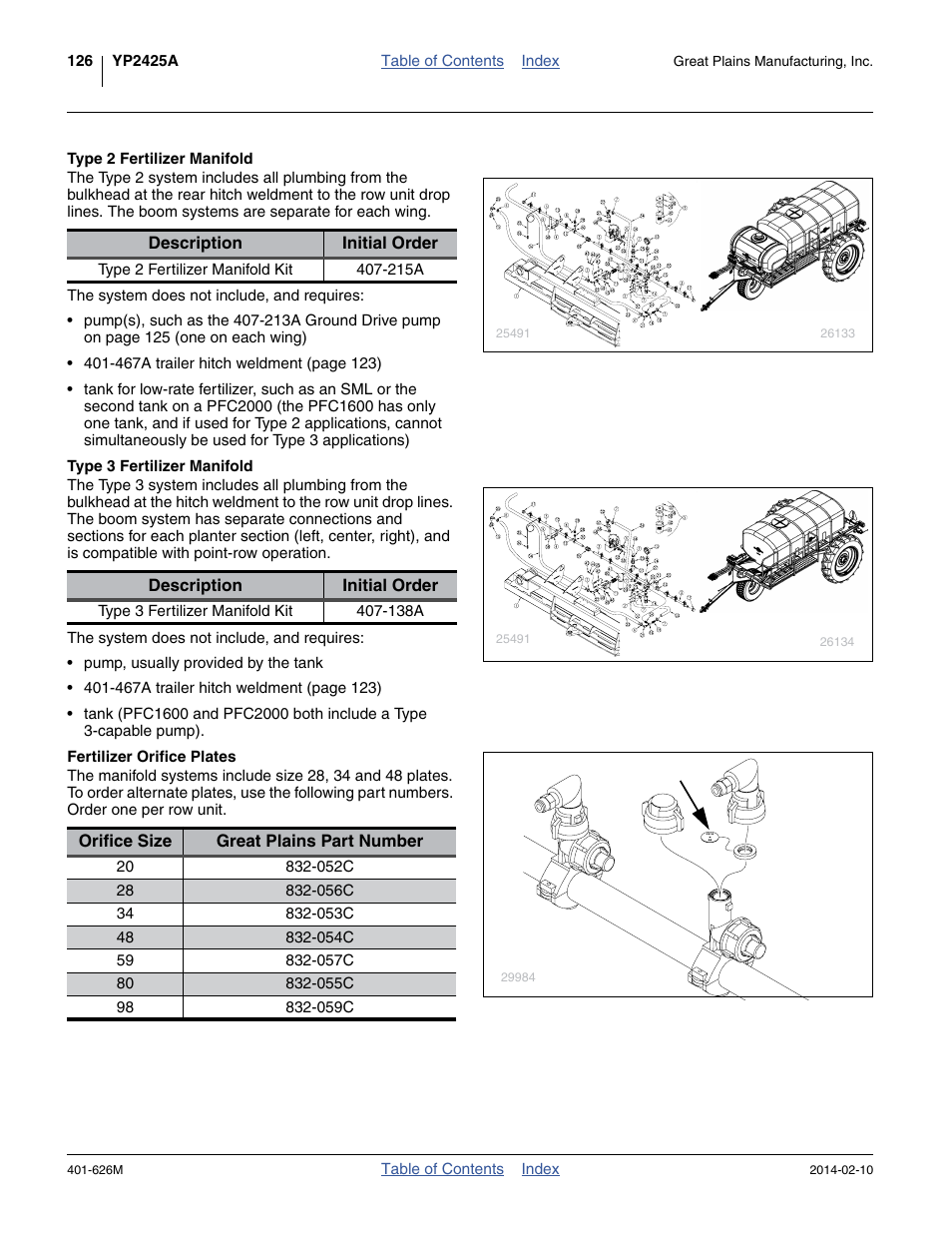 Type 2 fertilizer manifold, Type 3 fertilizer manifold, Fertilizer orifice plates | Great Plains YP2425A Operator Manual User Manual | Page 130 / 172