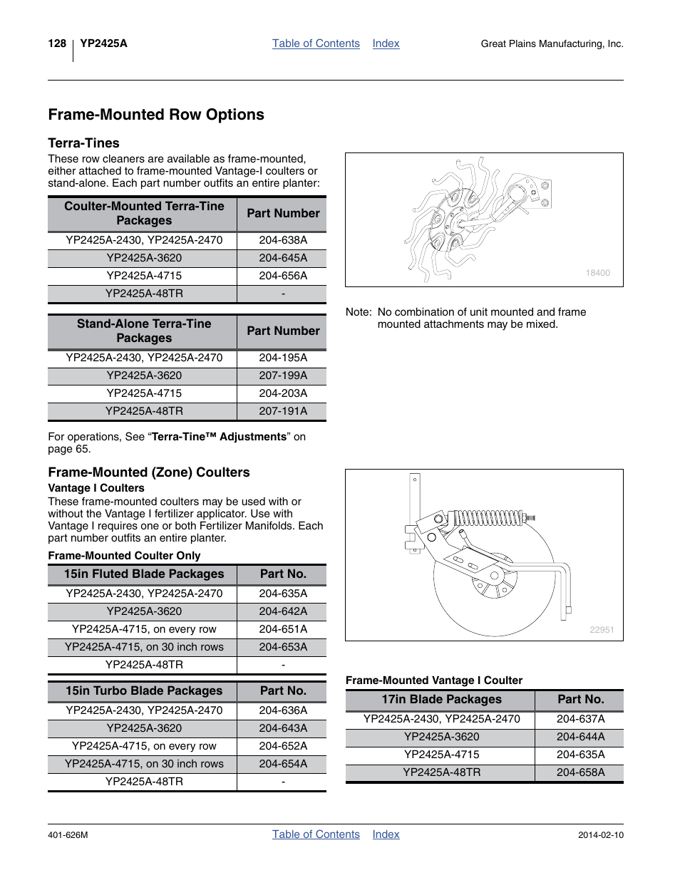 Frame-mounted row options, Terra-tines, Frame-mounted (zone) coulters | Vantage i coulters, Frame-mounted coulter only, Frame-mounted vantage i coulter | Great Plains YP2425A Operator Manual User Manual | Page 132 / 172