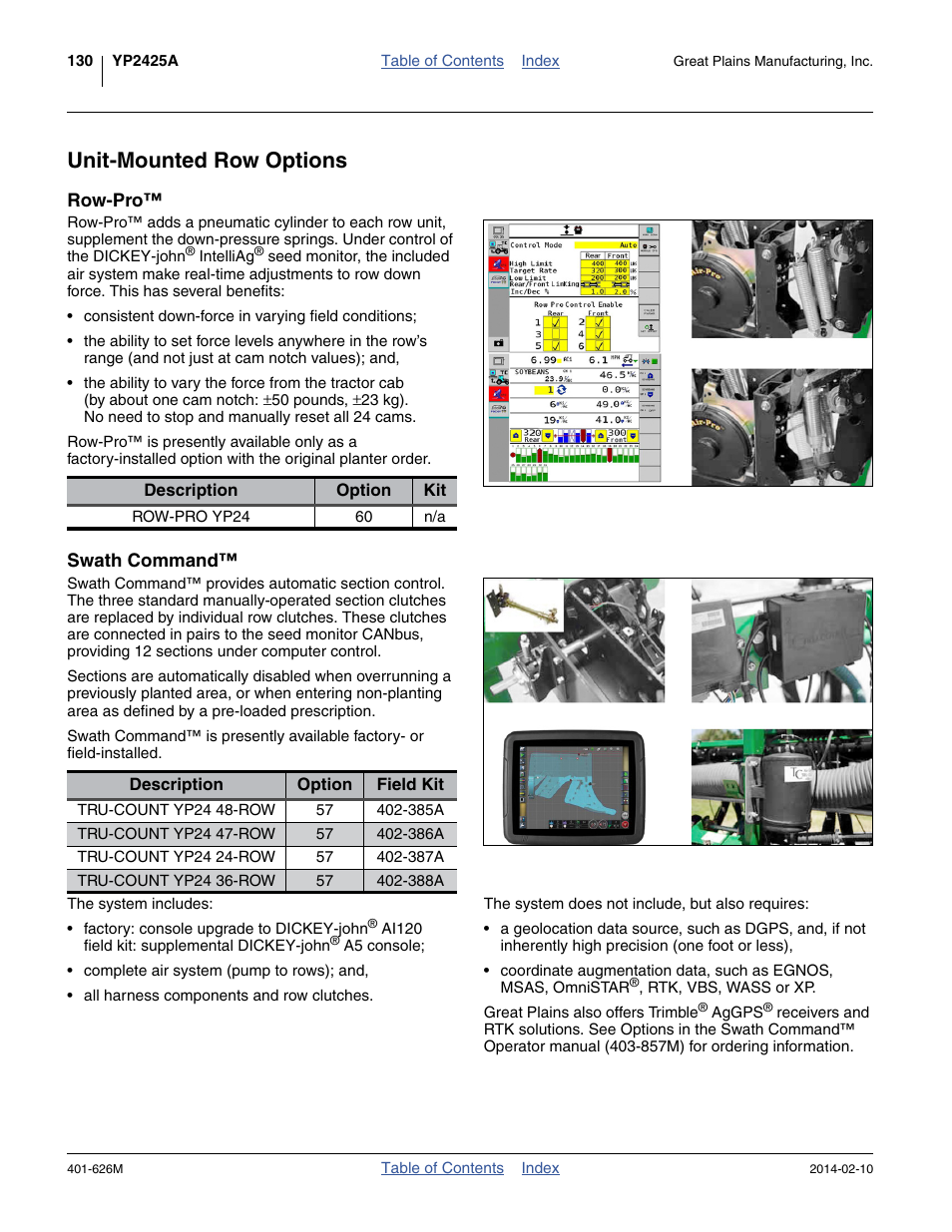 Unit-mounted row options, Row-pro, Swath command | Great Plains YP2425A Operator Manual User Manual | Page 134 / 172