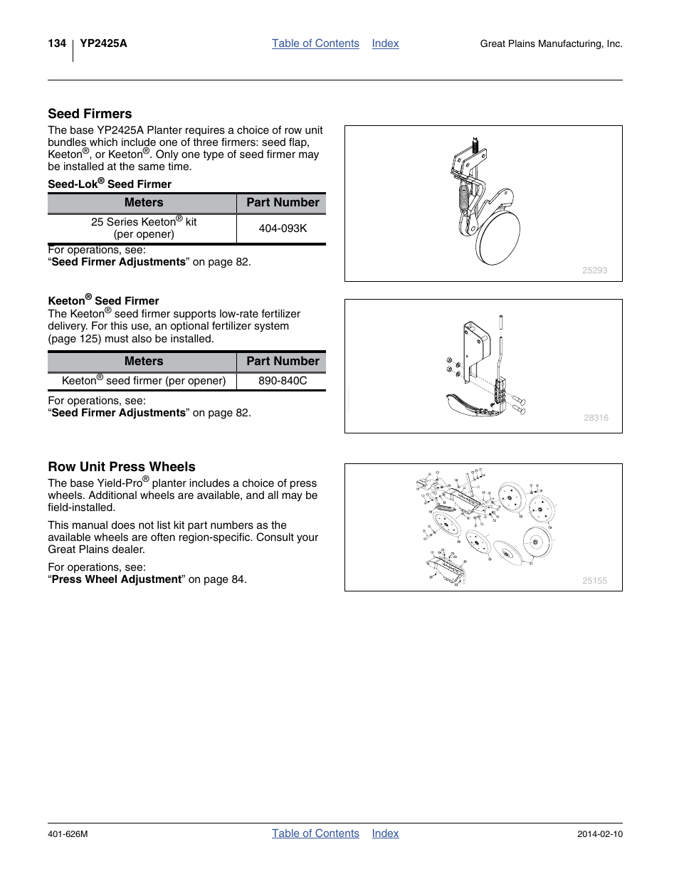 Seed firmers, Seed-lok® seed firmer, Keeton® seed firmer | Row unit press wheels | Great Plains YP2425A Operator Manual User Manual | Page 138 / 172