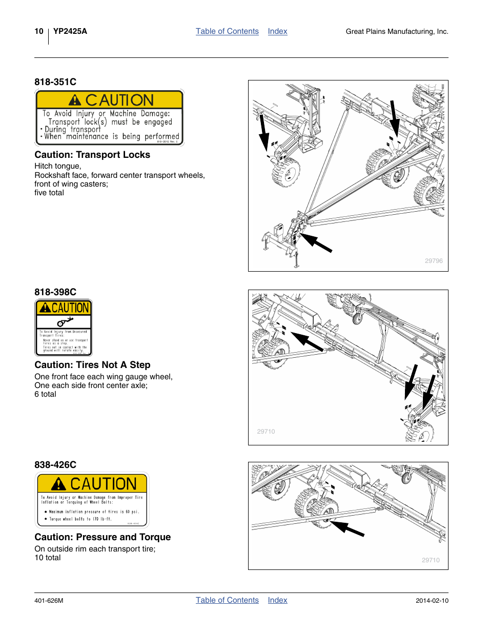 351c caution: transport locks, 398c caution: tires not a step, 426c caution: pressure and torque | Great Plains YP2425A Operator Manual User Manual | Page 14 / 172