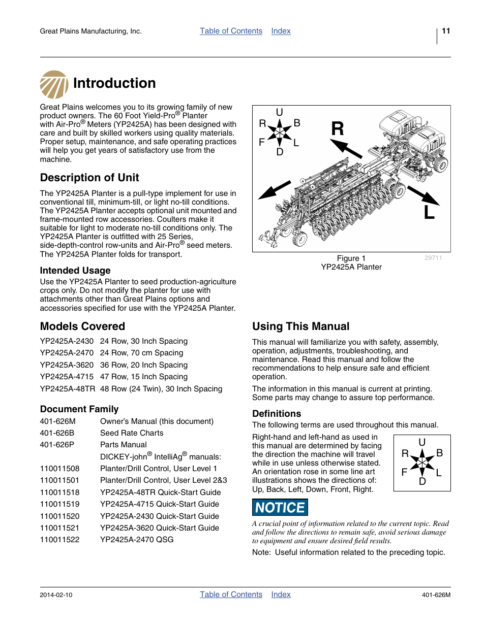 Introduction, Description of unit, Intended usage | Models covered, Document family, Using this manual, Definitions, Introduction description of unit | Great Plains YP2425A Operator Manual User Manual | Page 15 / 172