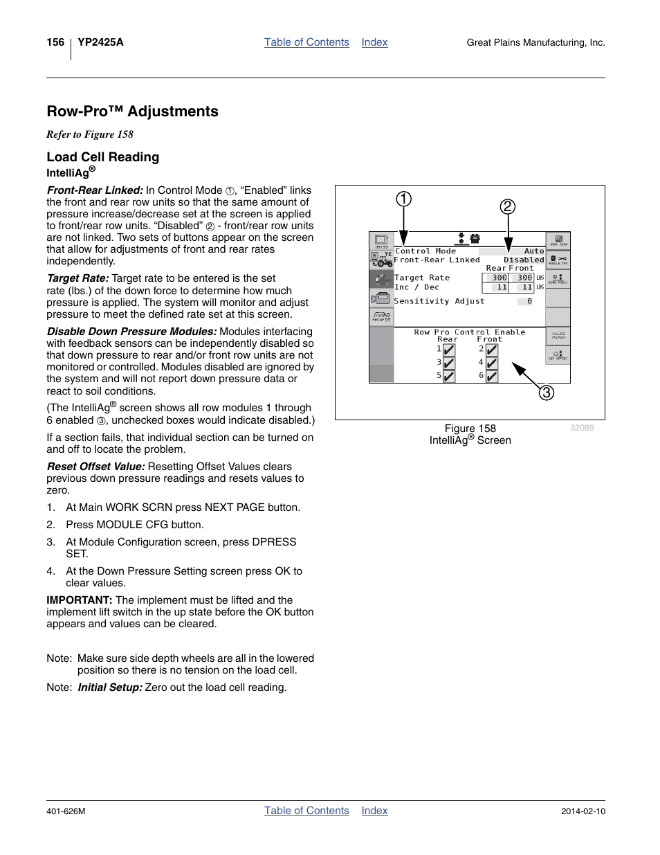Row-pro™ adjustments, Load cell reading | Great Plains YP2425A Operator Manual User Manual | Page 160 / 172