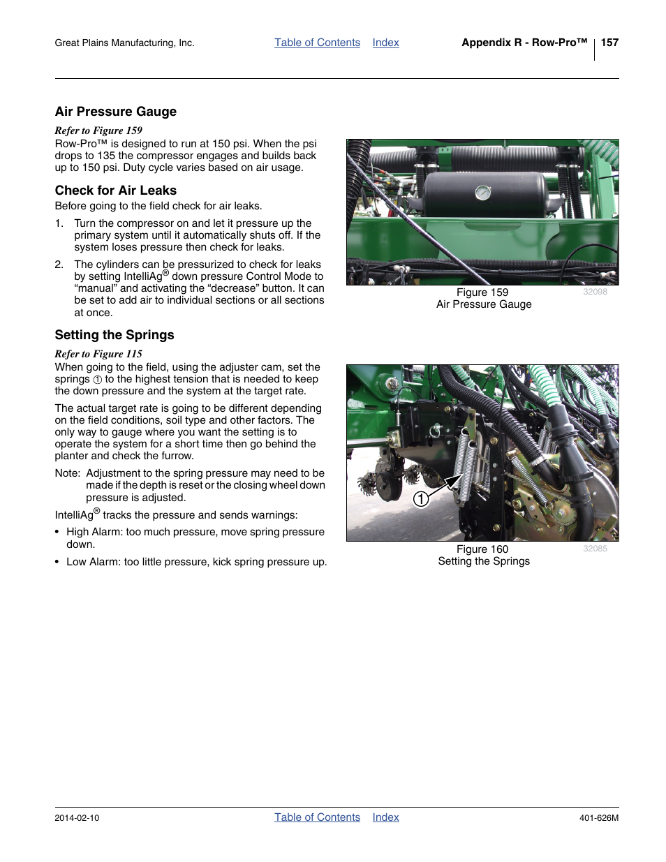 Air pressure gauge, Check for air leaks, Setting the springs | Great Plains YP2425A Operator Manual User Manual | Page 161 / 172