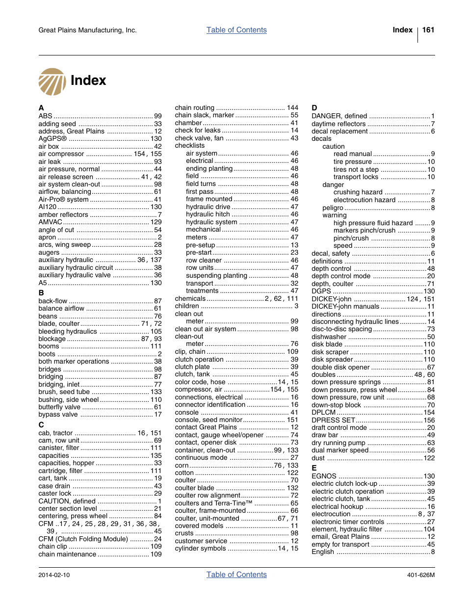 Index | Great Plains YP2425A Operator Manual User Manual | Page 165 / 172