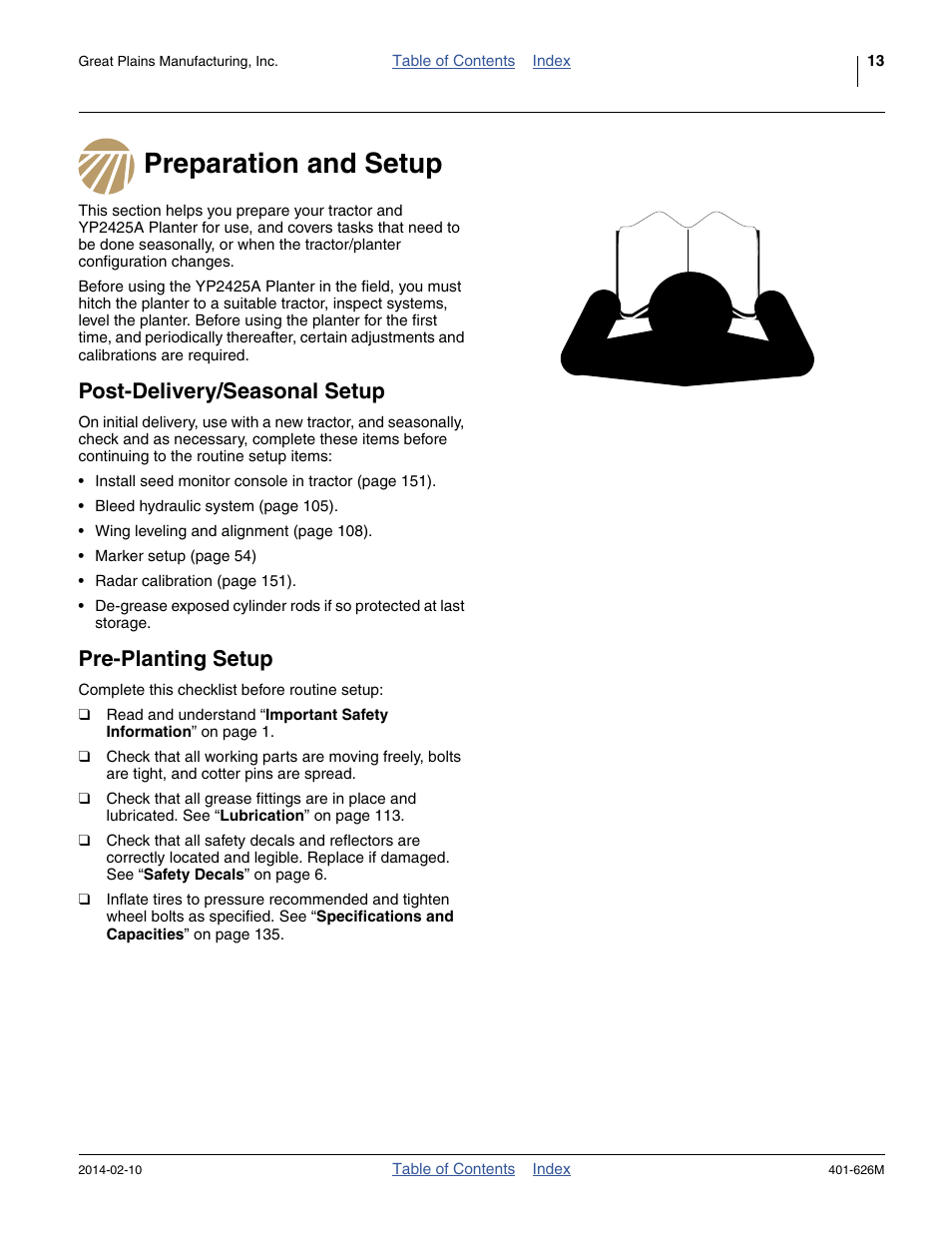 Preparation and setup, Post-delivery/seasonal setup, Pre-planting setup | Great Plains YP2425A Operator Manual User Manual | Page 17 / 172