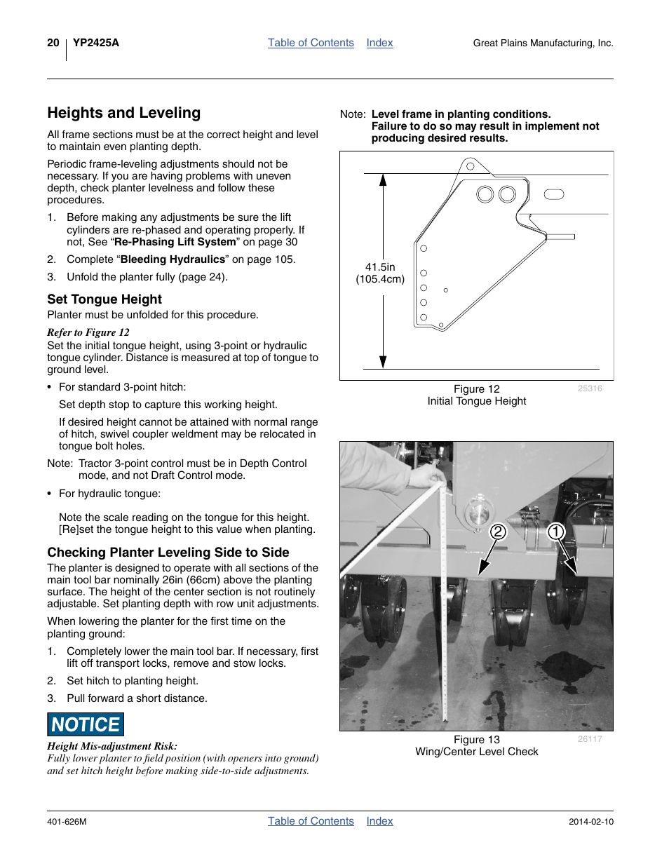 Heights and leveling, Set tongue height, Checking planter leveling side to side | Great Plains YP2425A Operator Manual User Manual | Page 24 / 172