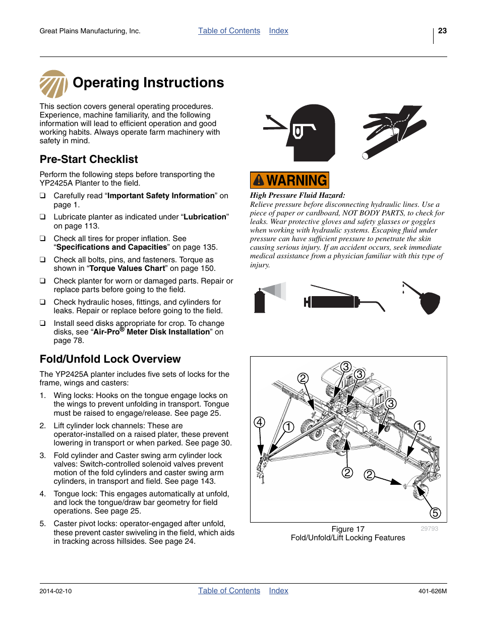 Operating instructions, Pre-start checklist, Fold/unfold lock overview | Great Plains YP2425A Operator Manual User Manual | Page 27 / 172