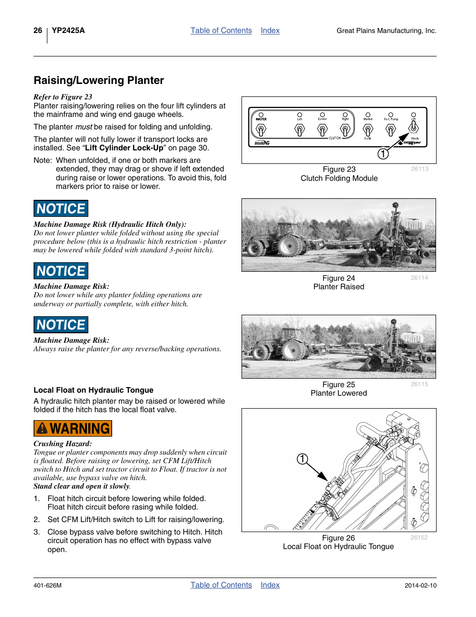 Raising/lowering planter, Local float on hydraulic tongue | Great Plains YP2425A Operator Manual User Manual | Page 30 / 172