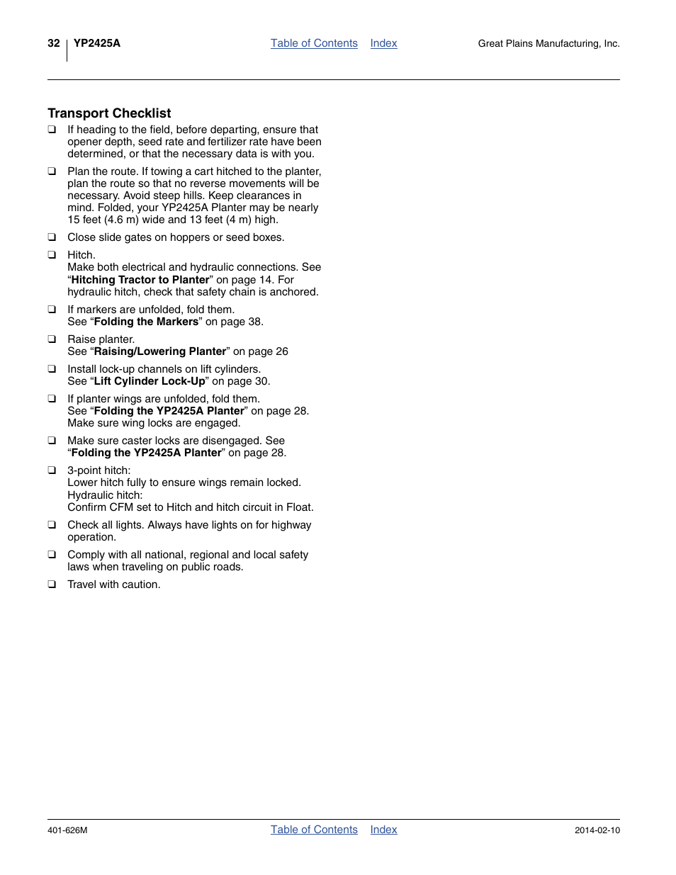 Transport checklist | Great Plains YP2425A Operator Manual User Manual | Page 36 / 172