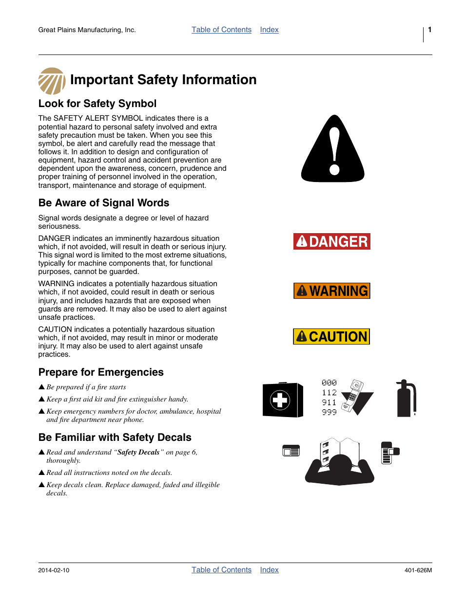 Important safety information, Look for safety symbol, Be aware of signal words | Prepare for emergencies, Be familiar with safety decals | Great Plains YP2425A Operator Manual User Manual | Page 5 / 172