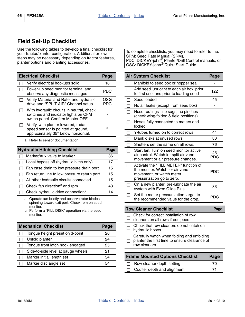 Field set-up checklist | Great Plains YP2425A Operator Manual User Manual | Page 50 / 172