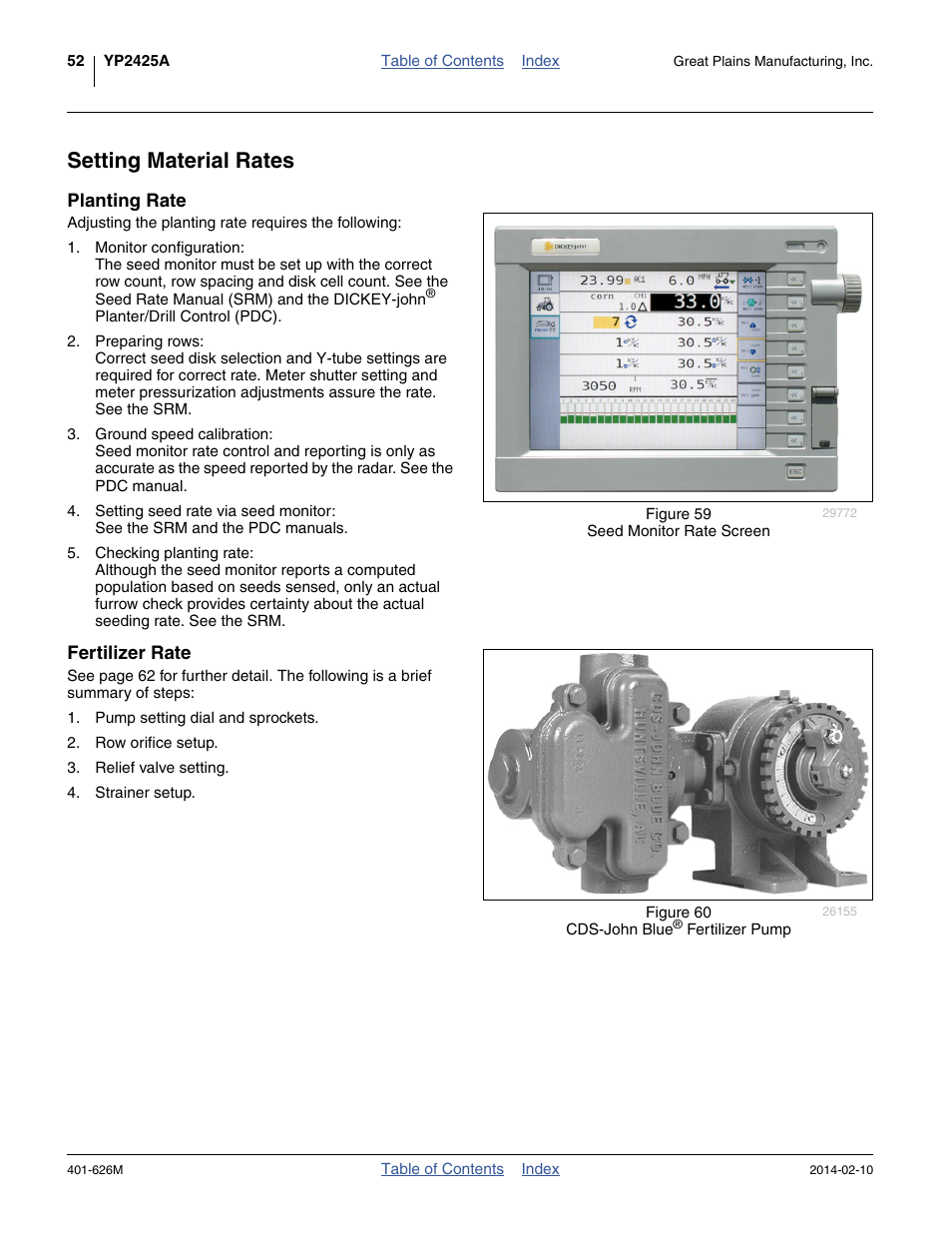 Setting material rates, Planting rate, Fertilizer rate | Planting rate fertilizer rate | Great Plains YP2425A Operator Manual User Manual | Page 56 / 172