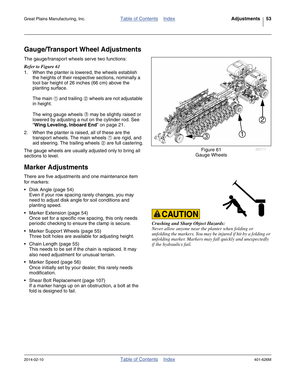 Gauge/transport wheel adjustments, Marker adjustments | Great Plains YP2425A Operator Manual User Manual | Page 57 / 172