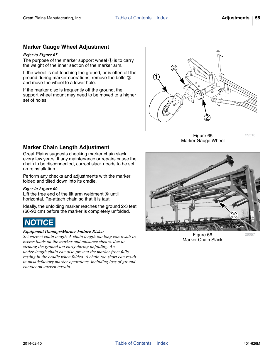Marker gauge wheel adjustment, Marker chain length adjustment | Great Plains YP2425A Operator Manual User Manual | Page 59 / 172