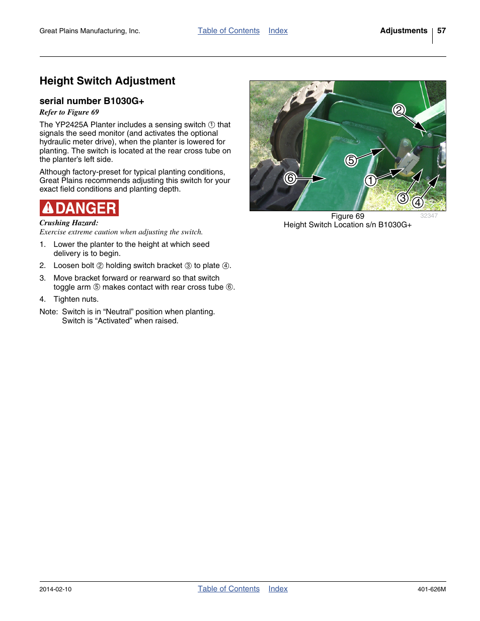 Height switch adjustment, Serial number b1030g | Great Plains YP2425A Operator Manual User Manual | Page 61 / 172