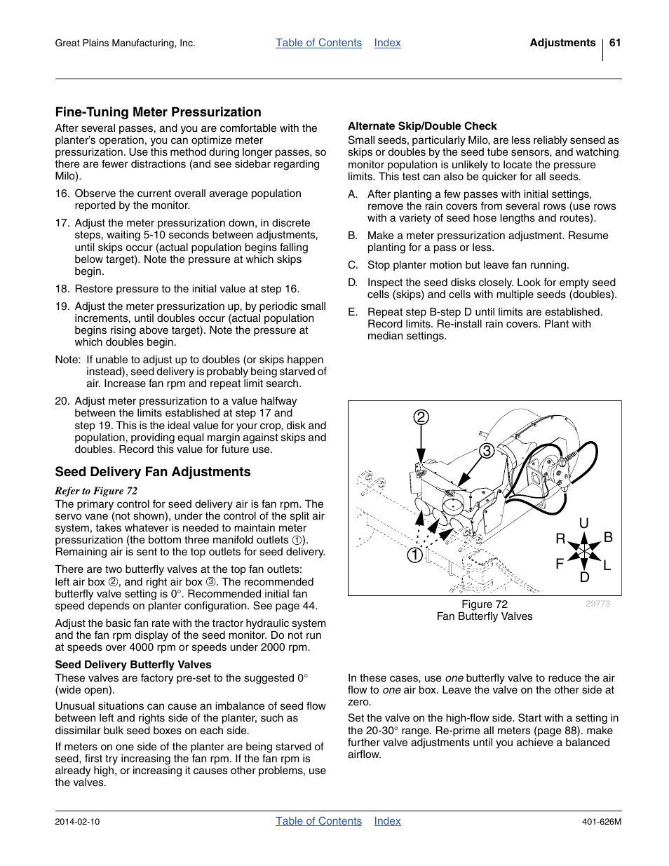 Fine-tuning meter pressurization, Alternate skip/double check, Seed delivery fan adjustments | Seed delivery butterfly valves, The “ alternate skip/double check ” belo | Great Plains YP2425A Operator Manual User Manual | Page 65 / 172