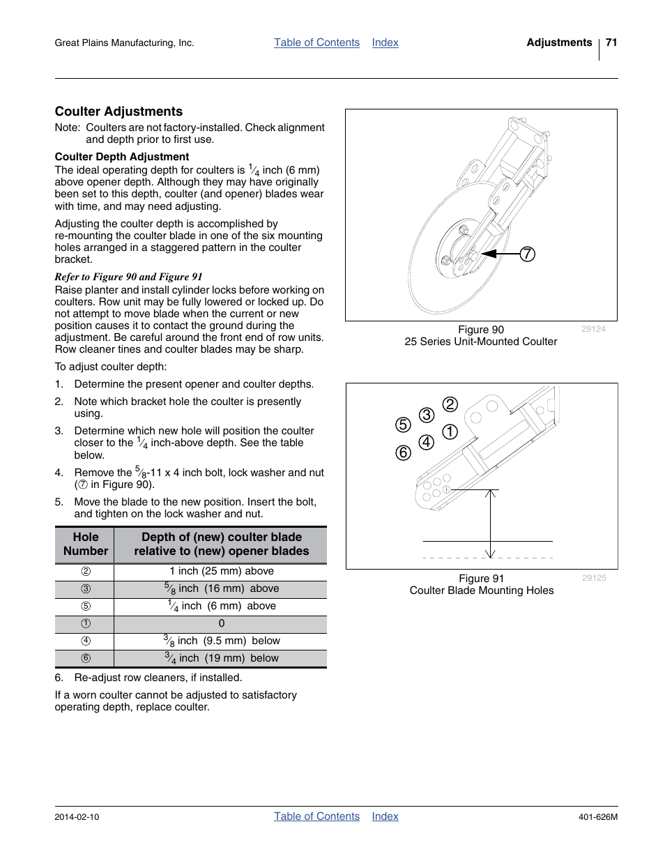 Coulter adjustments, Coulter depth adjustment | Great Plains YP2425A Operator Manual User Manual | Page 75 / 172
