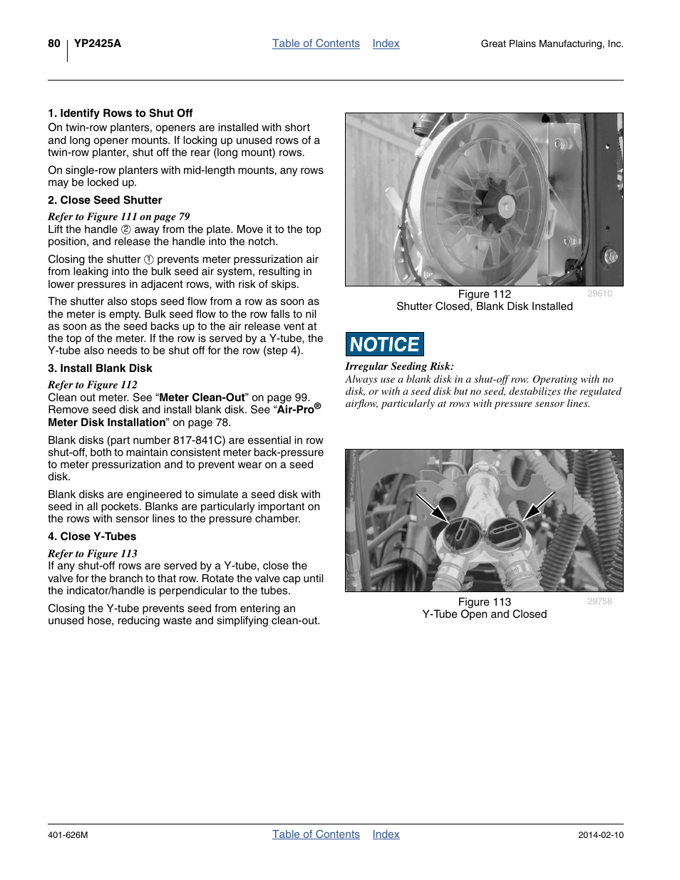 Identify rows to shut off, Close seed shutter, Install blank disk | Close y-tubes | Great Plains YP2425A Operator Manual User Manual | Page 84 / 172