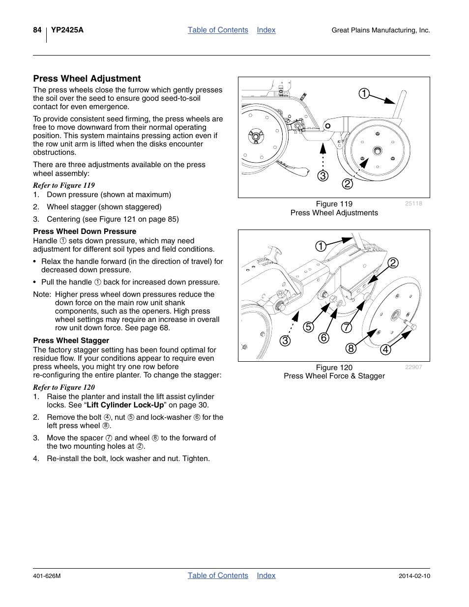 Press wheel adjustment, Press wheel down pressure, Press wheel stagger | Press wheel down pressure press wheel stagger | Great Plains YP2425A Operator Manual User Manual | Page 88 / 172