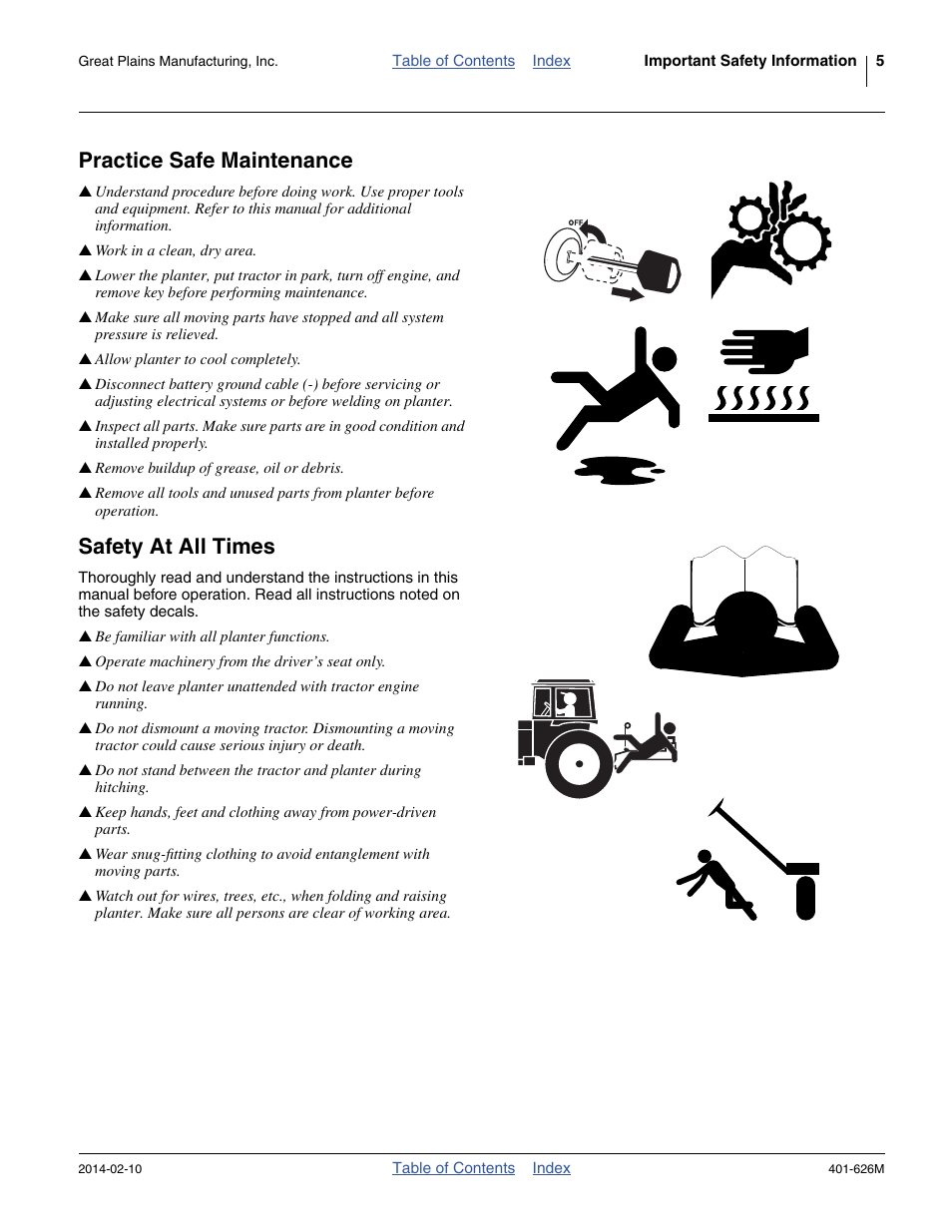 Practice safe maintenance, Safety at all times | Great Plains YP2425A Operator Manual User Manual | Page 9 / 172