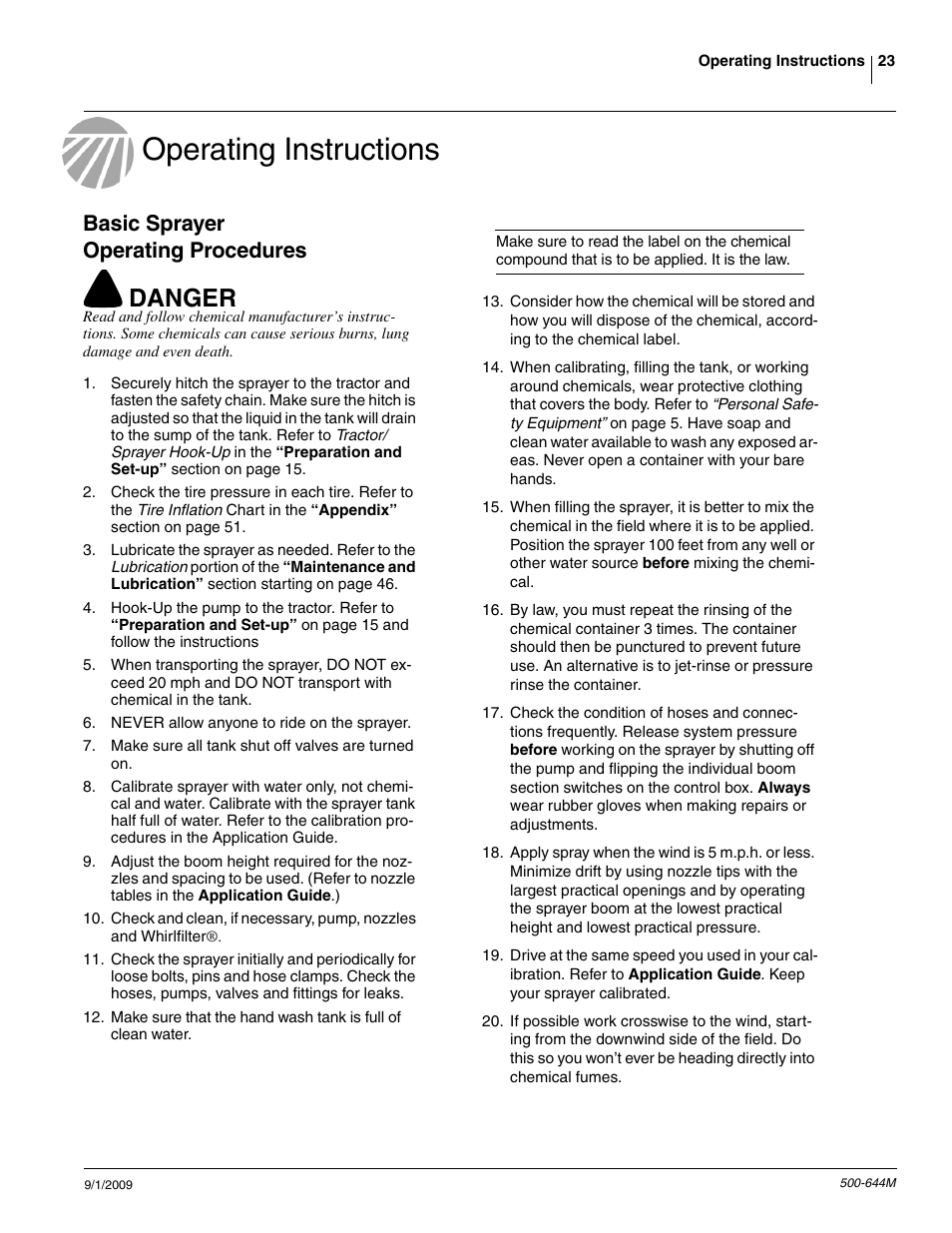 Operating instructions, Danger, Basic sprayer operating procedures | Great Plains TSF660 Operator Manual User Manual | Page 25 / 56