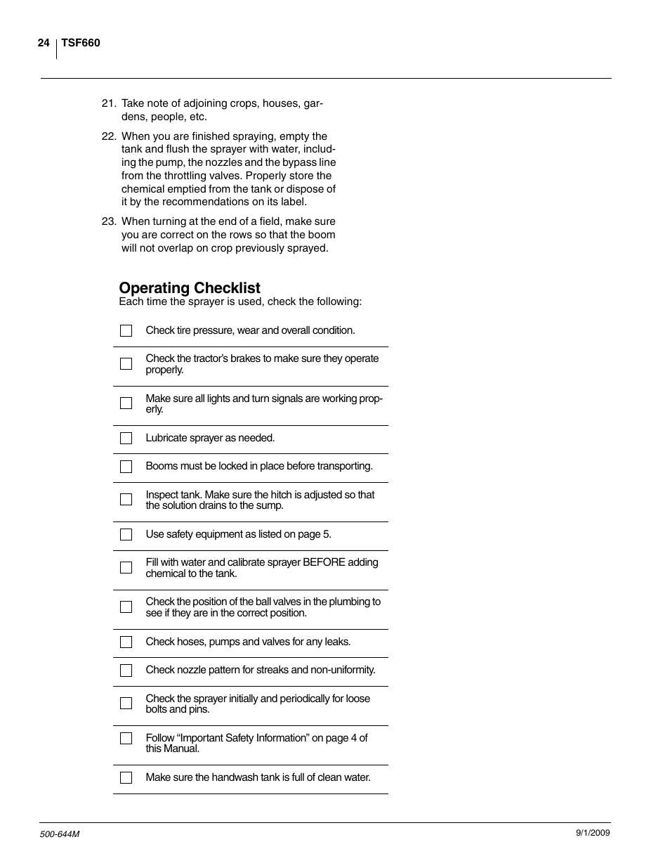Operating checklist | Great Plains TSF660 Operator Manual User Manual | Page 26 / 56