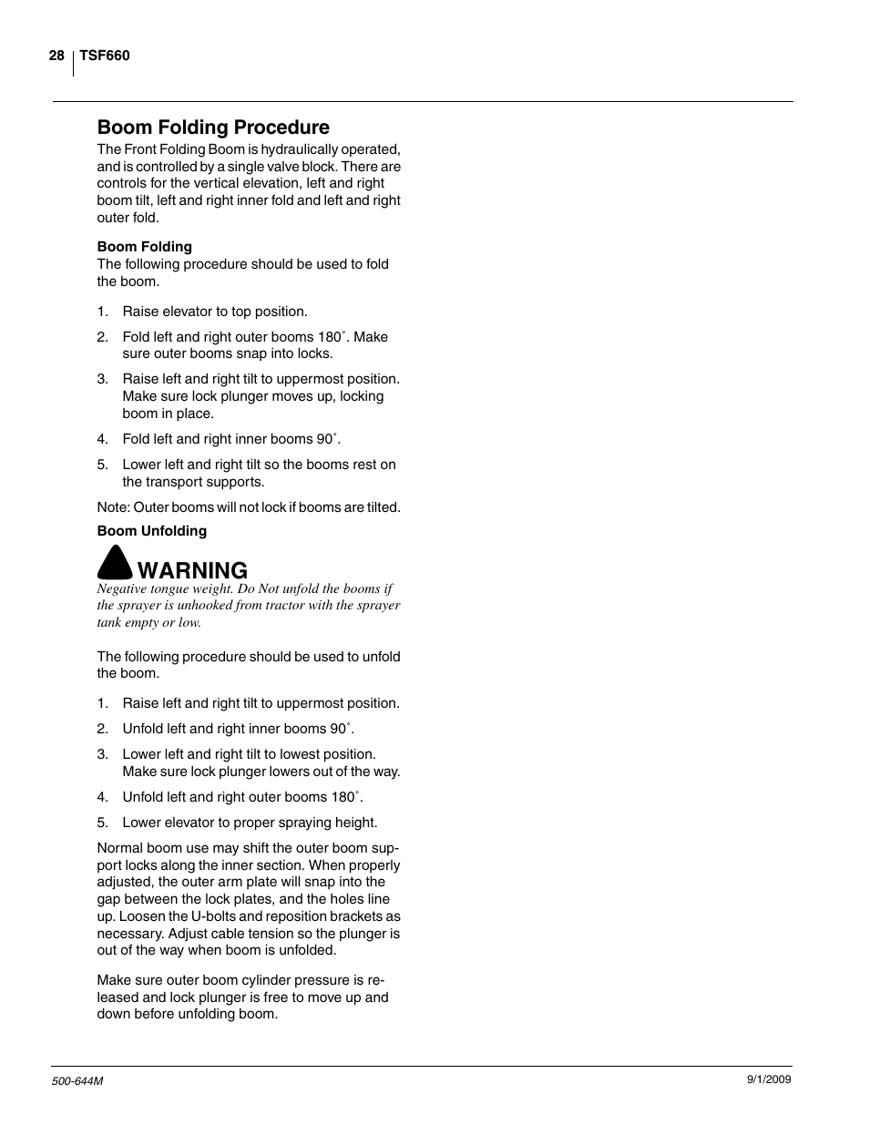 Warning, Boom folding procedure | Great Plains TSF660 Operator Manual User Manual | Page 30 / 56