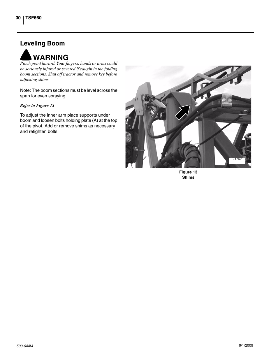 Warning, Leveling boom | Great Plains TSF660 Operator Manual User Manual | Page 32 / 56