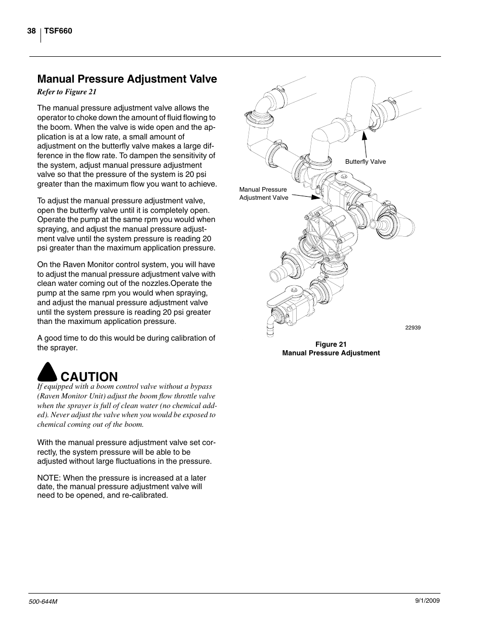 Caution, Manual pressure adjustment valve | Great Plains TSF660 Operator Manual User Manual | Page 40 / 56