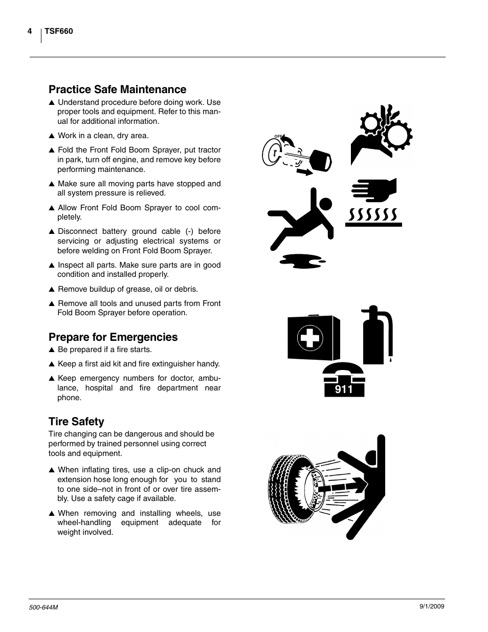 Practice safe maintenance, Prepare for emergencies, Tire safety | Great Plains TSF660 Operator Manual User Manual | Page 6 / 56