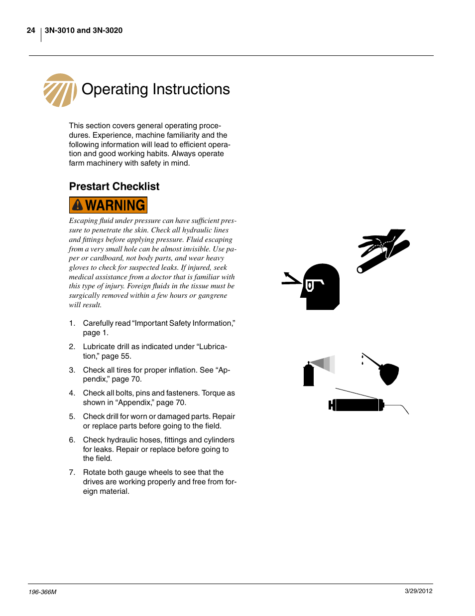 Operating instructions, Prestart checklist | Great Plains 3N-3020 Operator Manual User Manual | Page 26 / 76