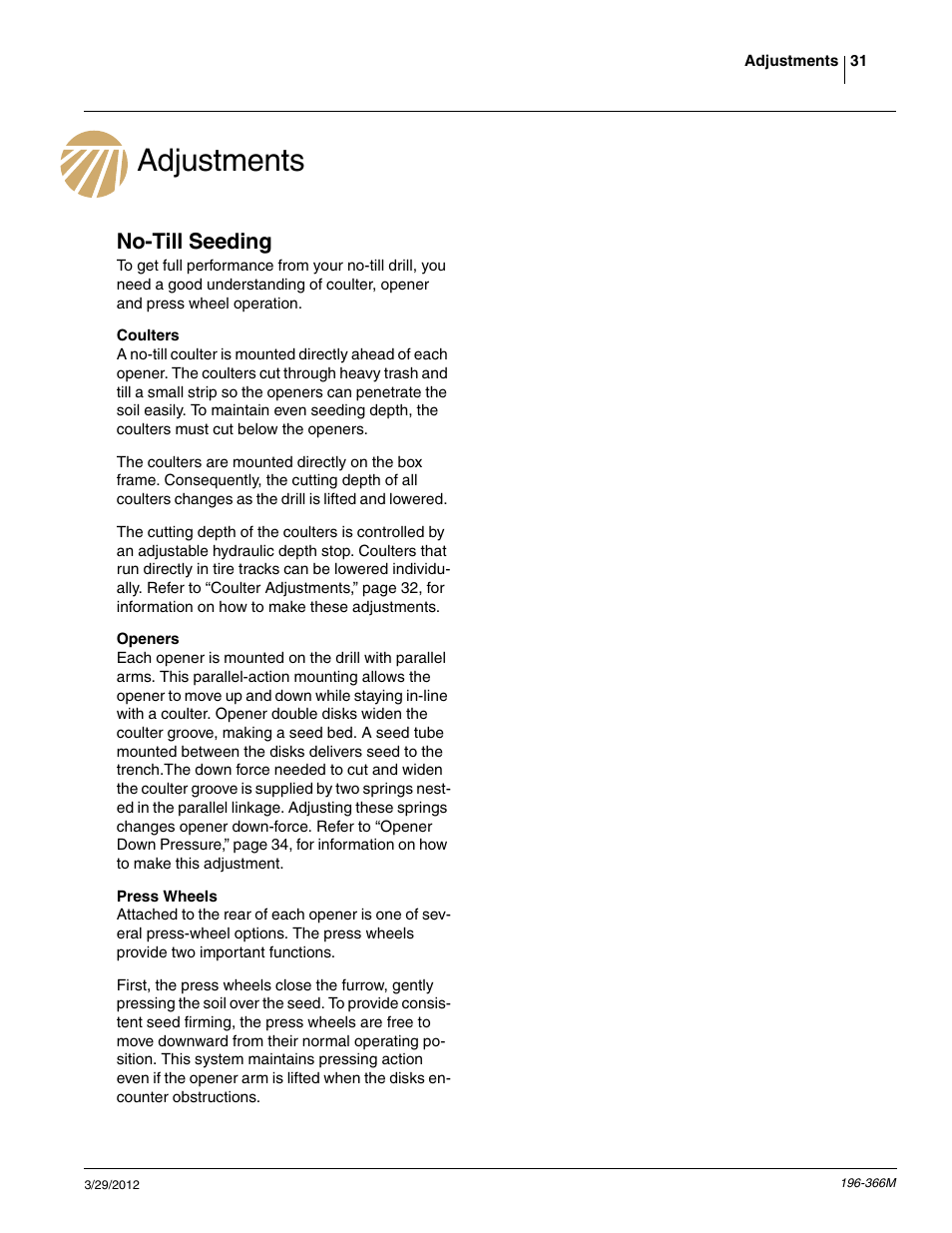 Adjustments, No-till seeding | Great Plains 3N-3020 Operator Manual User Manual | Page 33 / 76