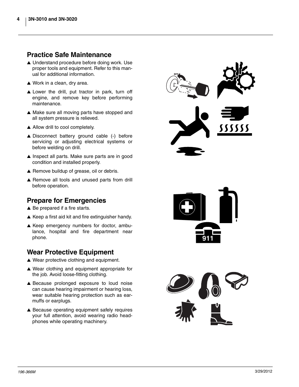 Practice safe maintenance, Prepare for emergencies, Wear protective equipment | Great Plains 3N-3020 Operator Manual User Manual | Page 6 / 76