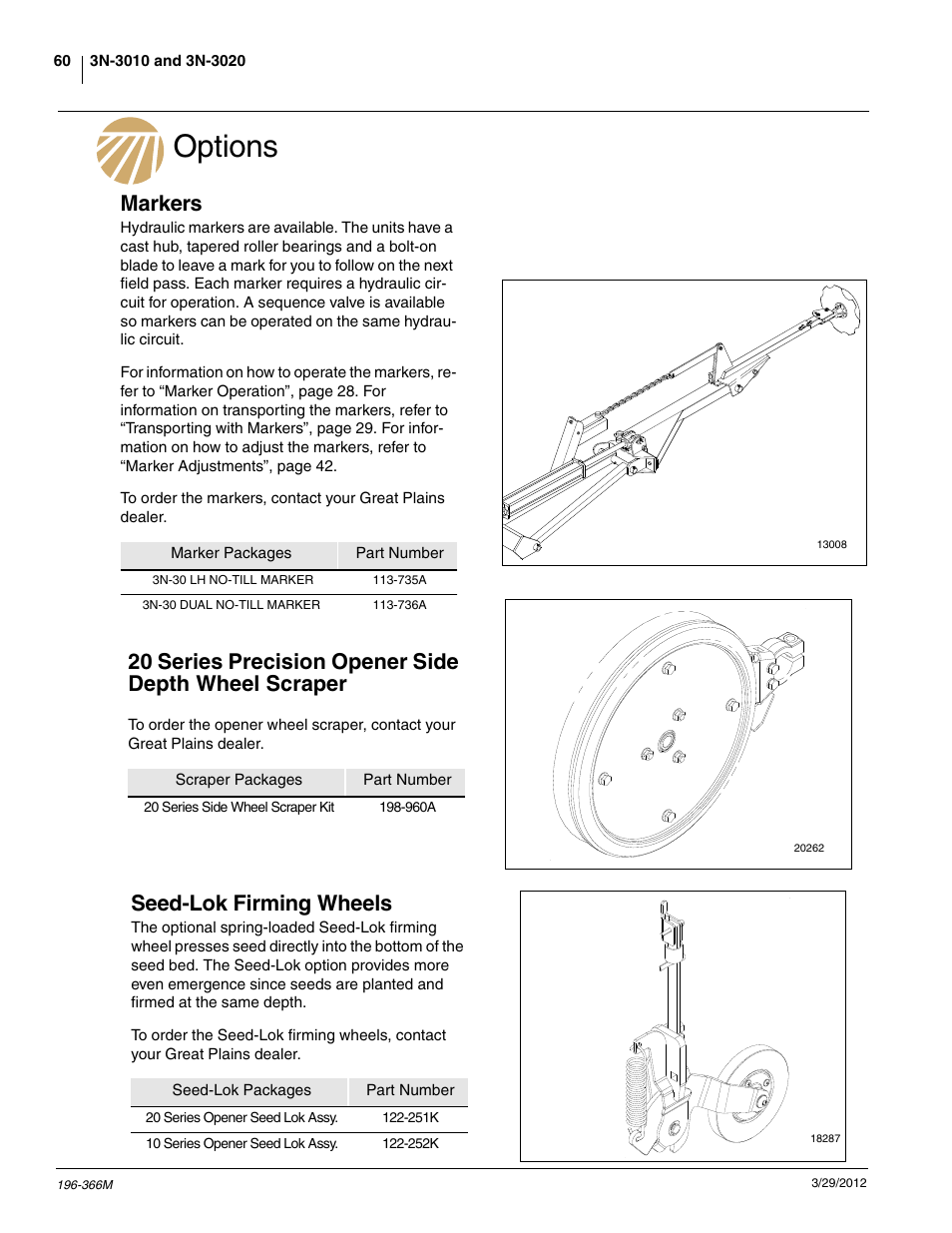 Options, Markers, Seed-lok firming wheels | Great Plains 3N-3020 Operator Manual User Manual | Page 62 / 76