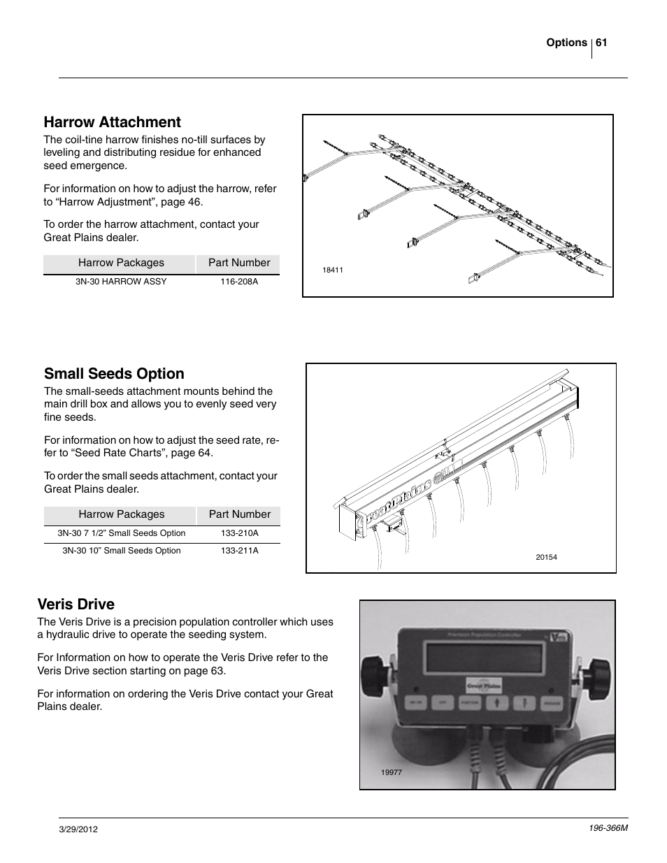 Harrow attachment, Veris drive, Small seeds option | Great Plains 3N-3020 Operator Manual User Manual | Page 63 / 76
