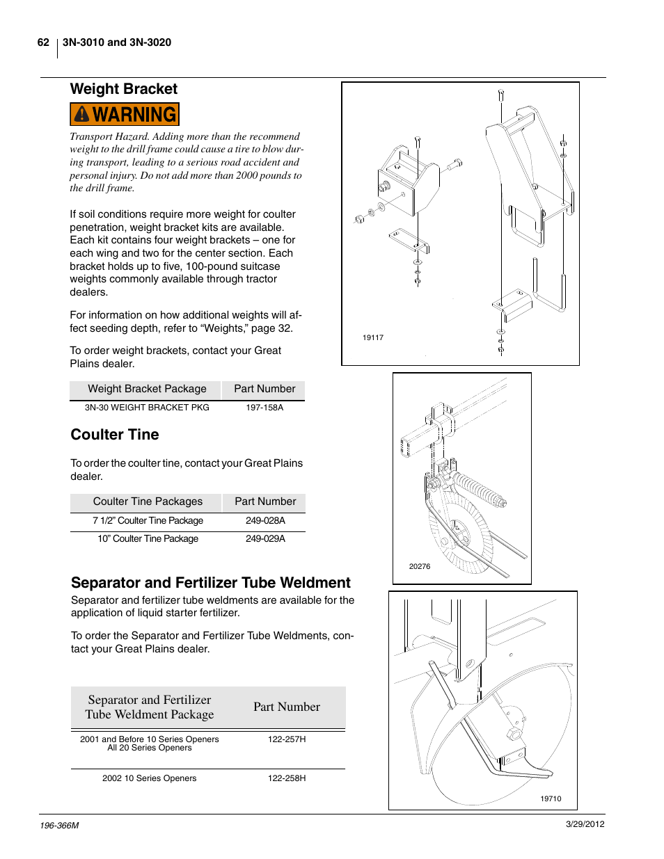 Weight bracket, Separator and fertilizer tube weldment, Coulter tine | Great Plains 3N-3020 Operator Manual User Manual | Page 64 / 76