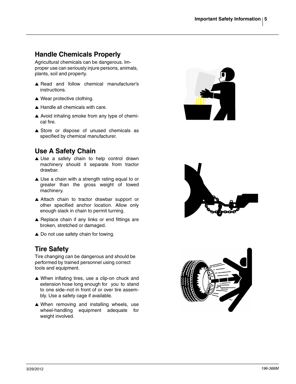 Handle chemicals properly, Use a safety chain, Tire safety | Great Plains 3N-3020 Operator Manual User Manual | Page 7 / 76