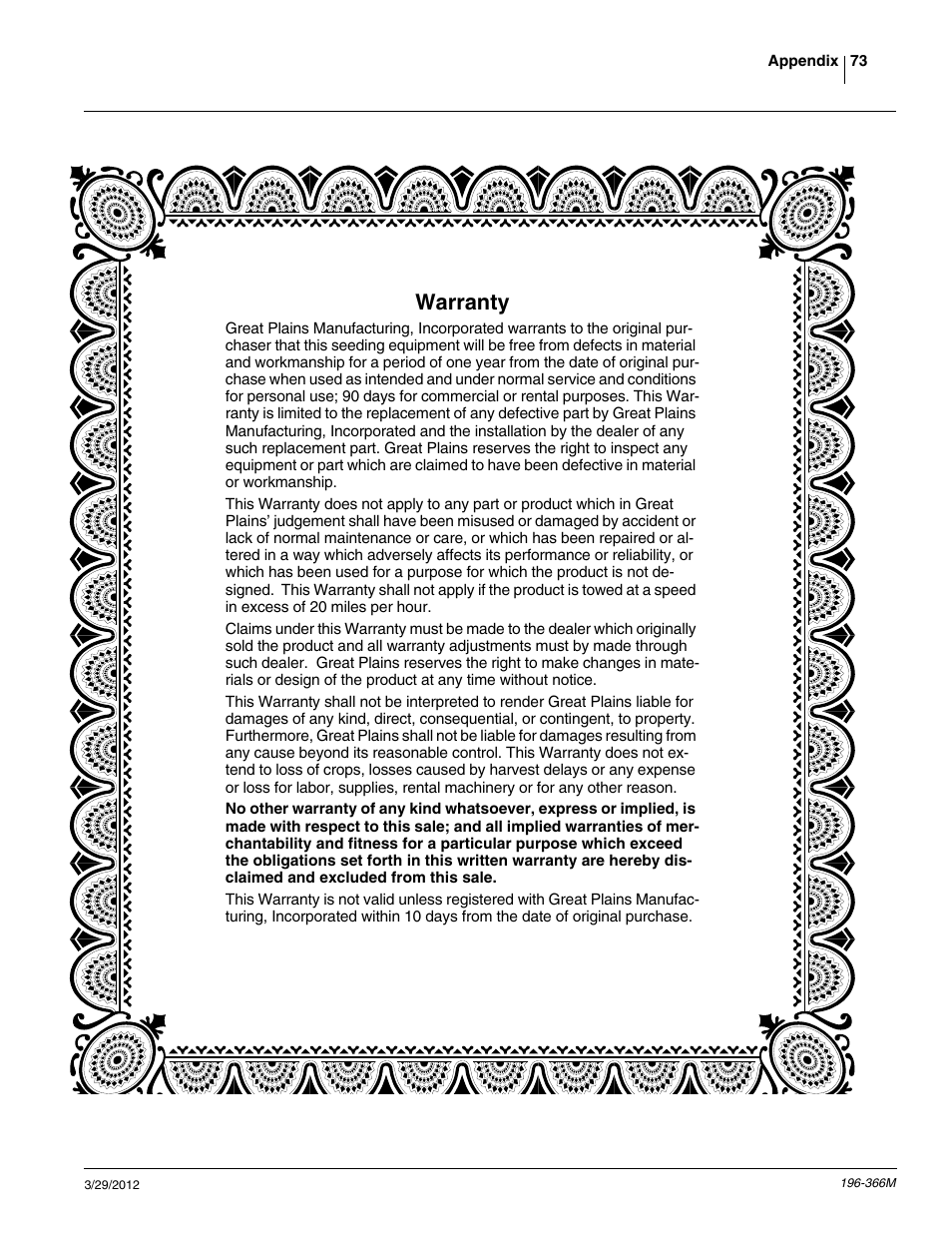 Warranty | Great Plains 3N-3020 Operator Manual User Manual | Page 75 / 76