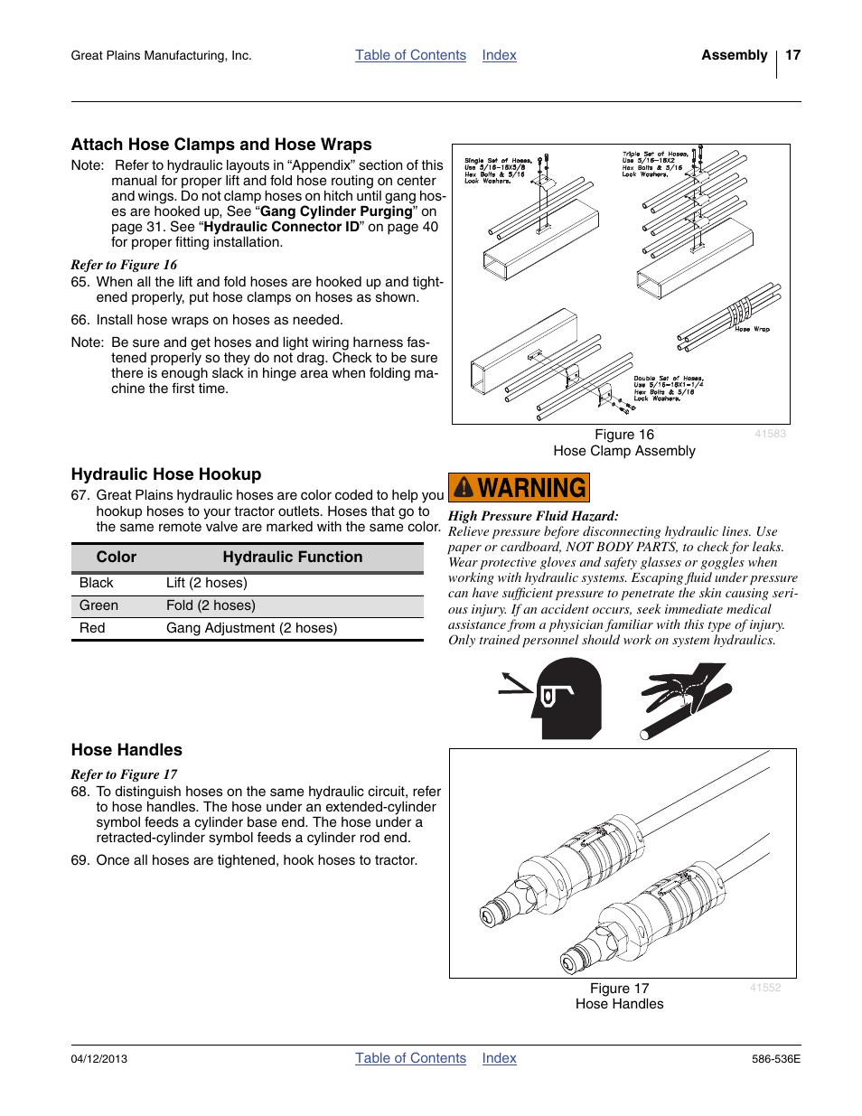 Attach hose clamps and hose wraps, Hydraulic hose hookup, Hose handles | Great Plains 4000TM Assembly Manual User Manual | Page 21 / 64