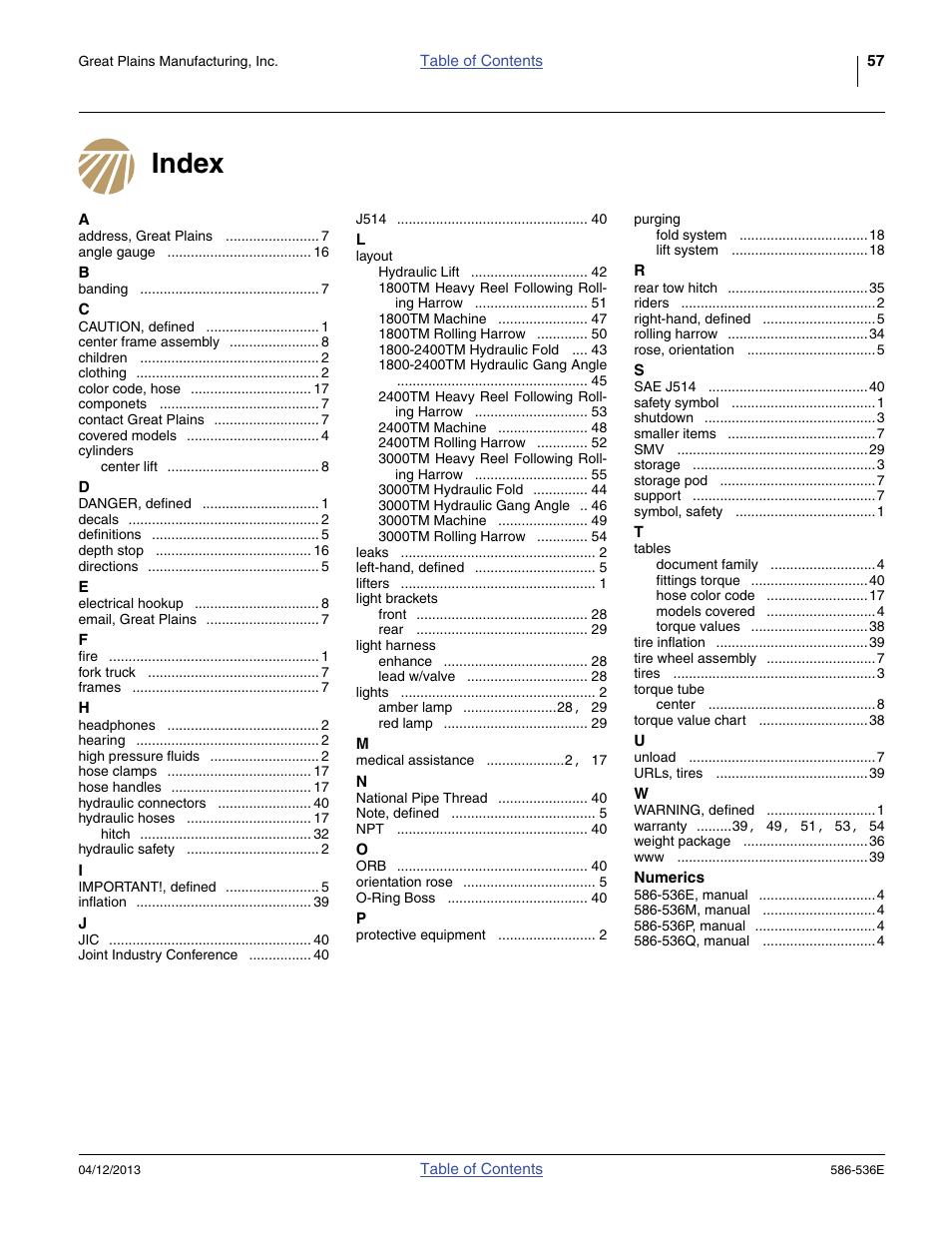 Index | Great Plains 4000TM Assembly Manual User Manual | Page 61 / 64