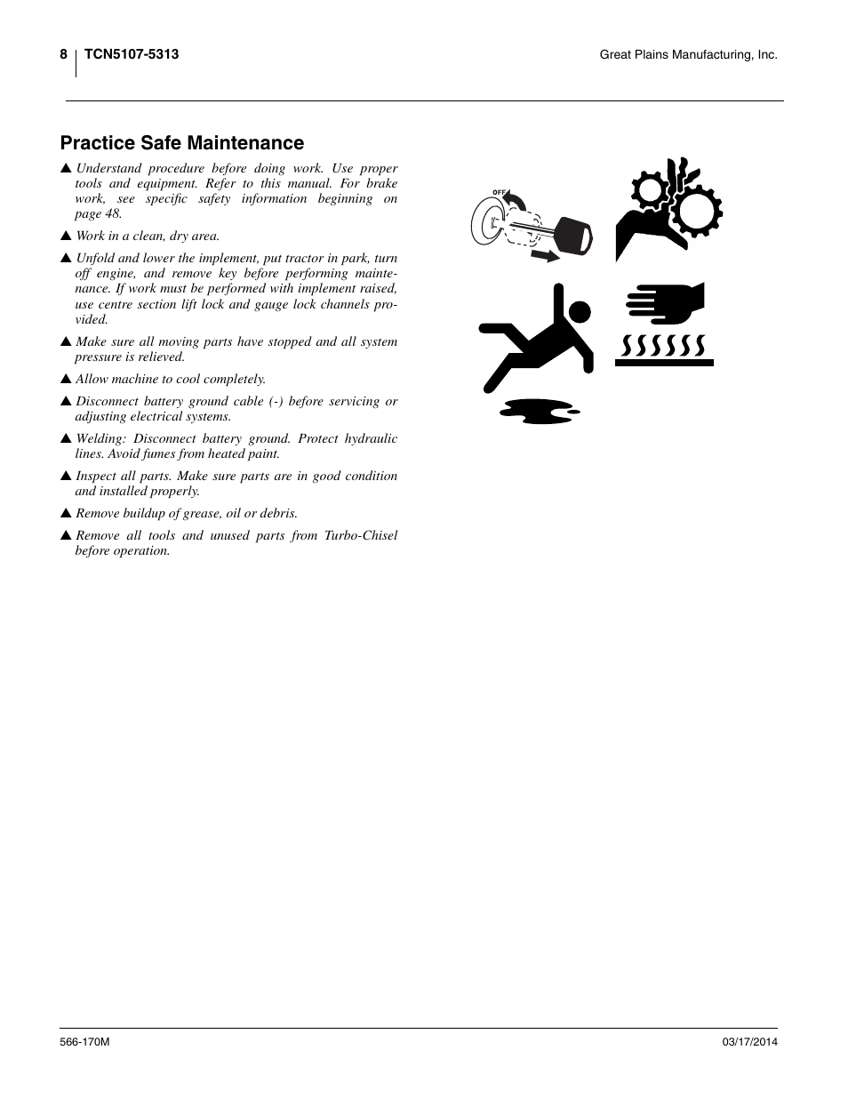 Practice safe maintenance | Great Plains TCN5313 Operator Manual User Manual | Page 12 / 76