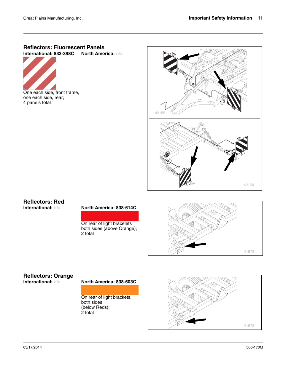 Reflectors: fluorescent panels, International: 833-398c, North america: n/a | Reflectors: red, International: n/a, North america: 838-614c, Reflectors: orange, North america: 838-603c | Great Plains TCN5313 Operator Manual User Manual | Page 15 / 76