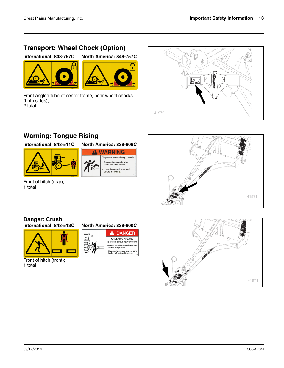 Transport: wheel chock (option), International: 848-757c, North america: 848-757c | Warning: tongue rising, International: 848-511c, North america: 838-606c, Danger: crush, International: 848-513c, North america: 838-600c | Great Plains TCN5313 Operator Manual User Manual | Page 17 / 76