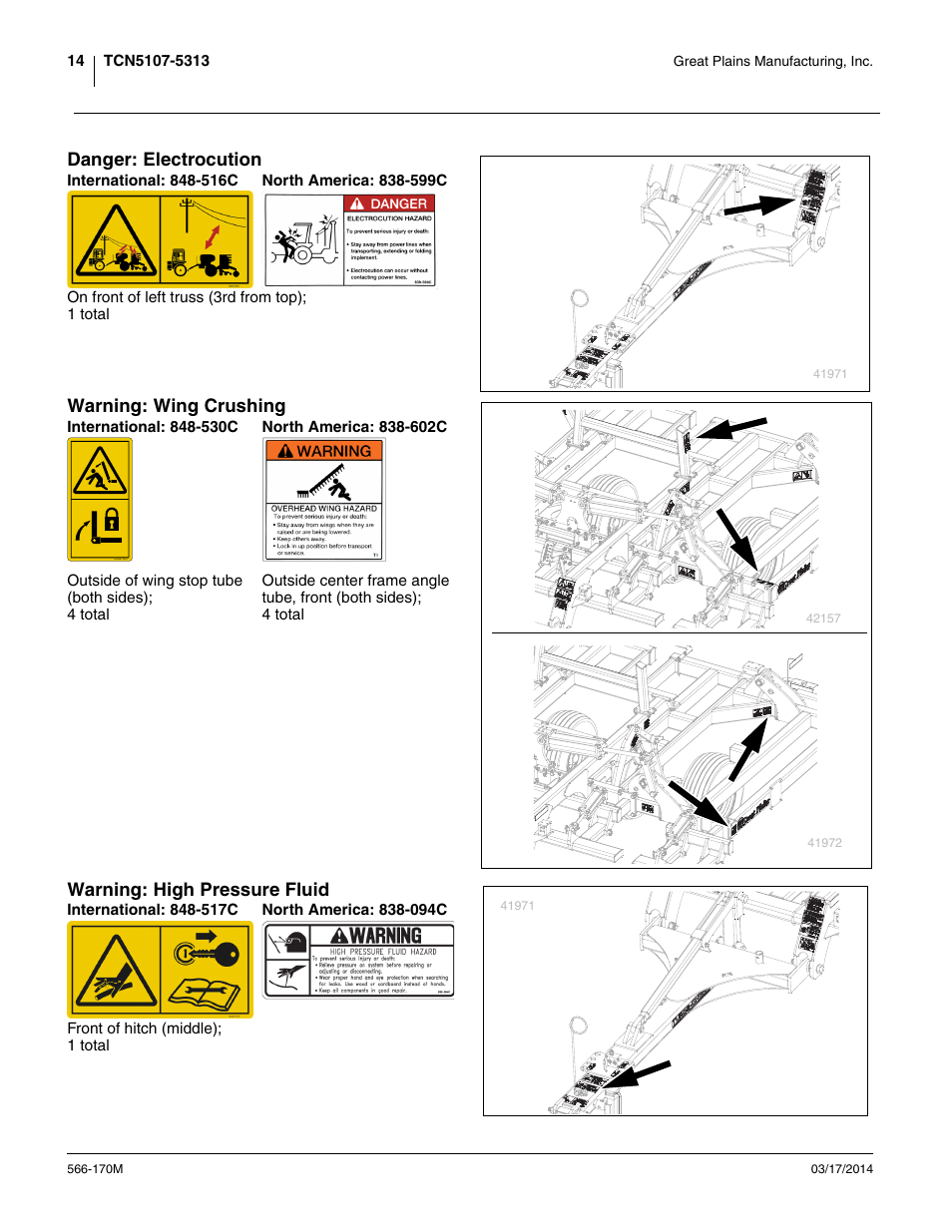 Danger: electrocution, International: 848-516c, North america: 838-599c | Warning: wing crushing, Warning: high pressure fluid, International: 848-517c, North america: 838-094c | Great Plains TCN5313 Operator Manual User Manual | Page 18 / 76